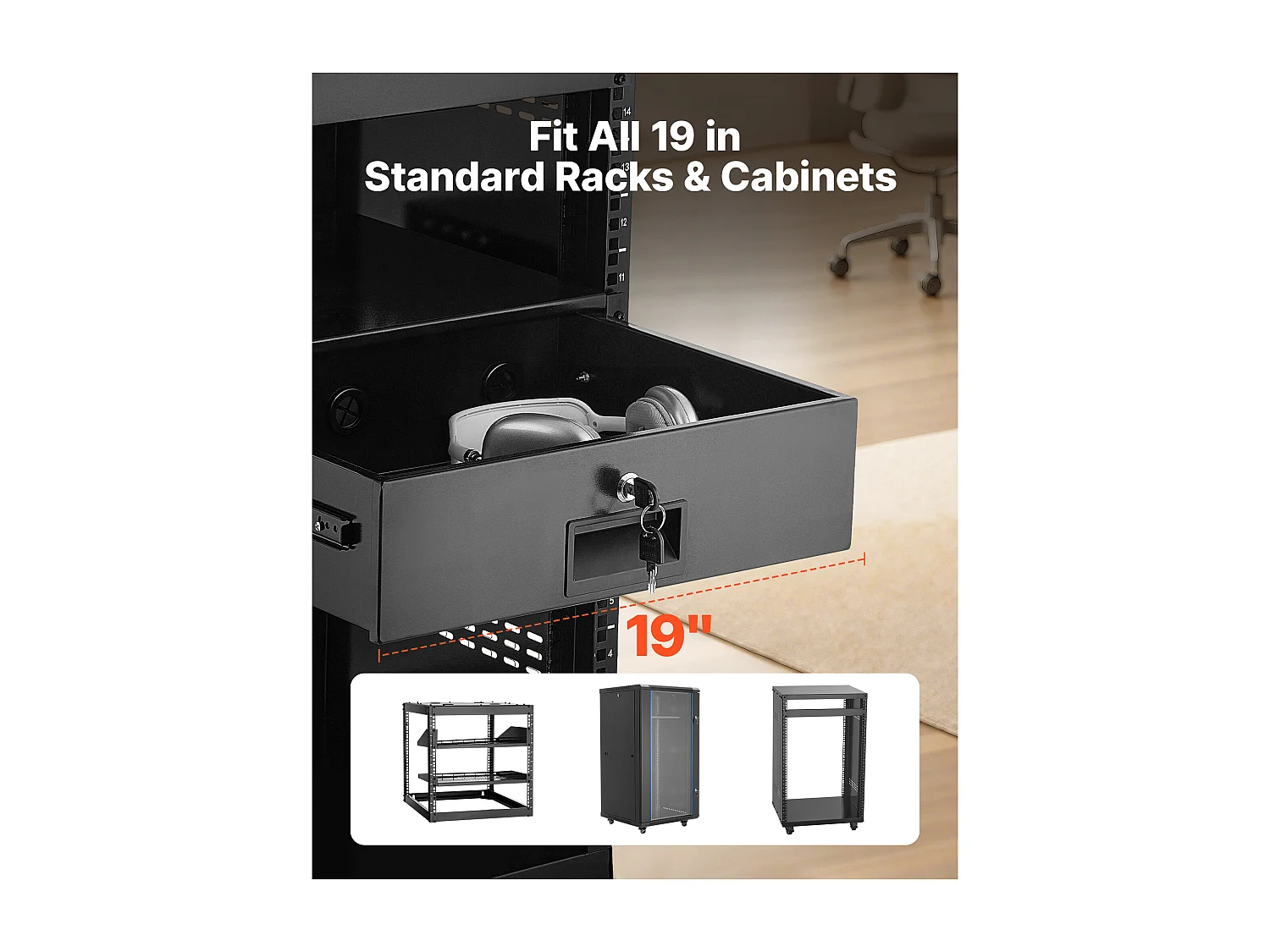 Tiroir Rack 3U SucceBuy, Tiroir Rackable Verrouillable, Charge 22,68 kg, Profondeur 35cm, avec Trous de Gestion Câble, Largeur de Montage 48.2 cm