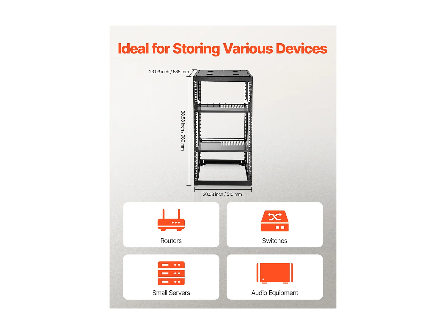Rack de Servidor SucceBuy a Marco Abierto 20U Soporte Red de Autoportante o Mural, Profundidad 58.5 cm, con Estantes Ventilados, Material de Montaje