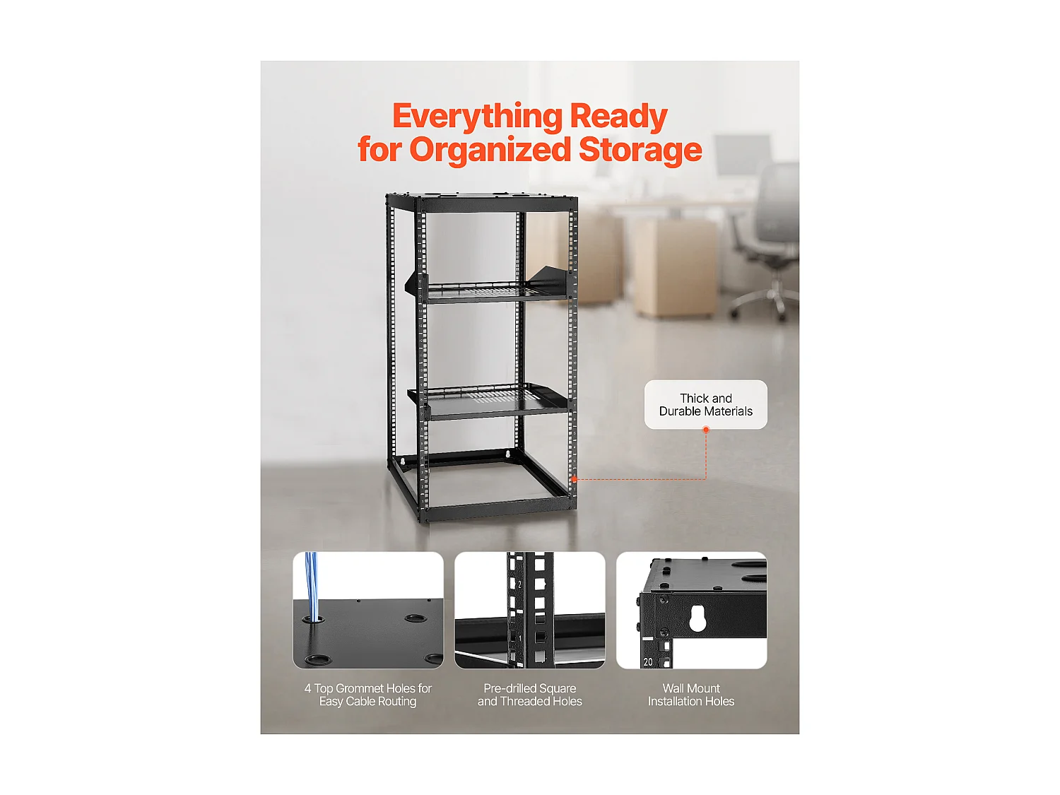 Rack de Servidor SucceBuy a Marco Abierto 20U Soporte Red de Autoportante o Mural, Profundidad 58.5 cm, con Estantes Ventilados, Material de Montaje