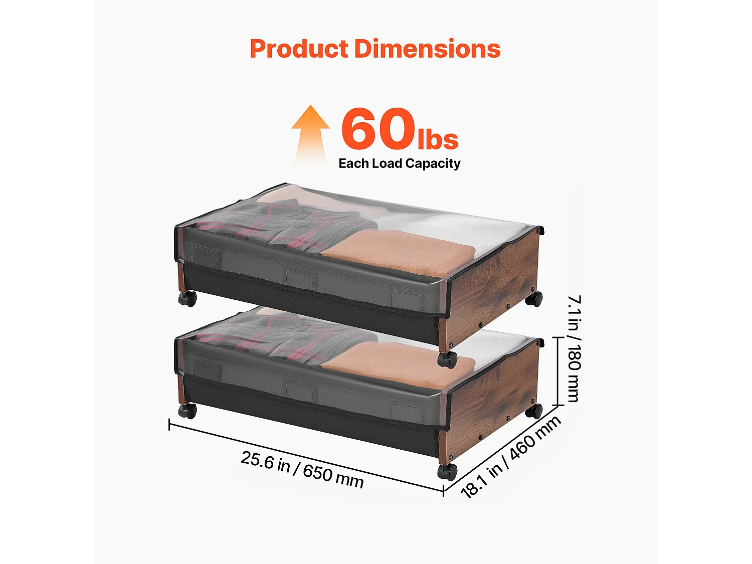 Sacs de Rangement SucceBuy sous Lit avec Roulettes Verrouillables, Organisateur de Chaussures sous le Lit 2 Pièces de 65 x 46 x 18 cm, Boîte de Rangement