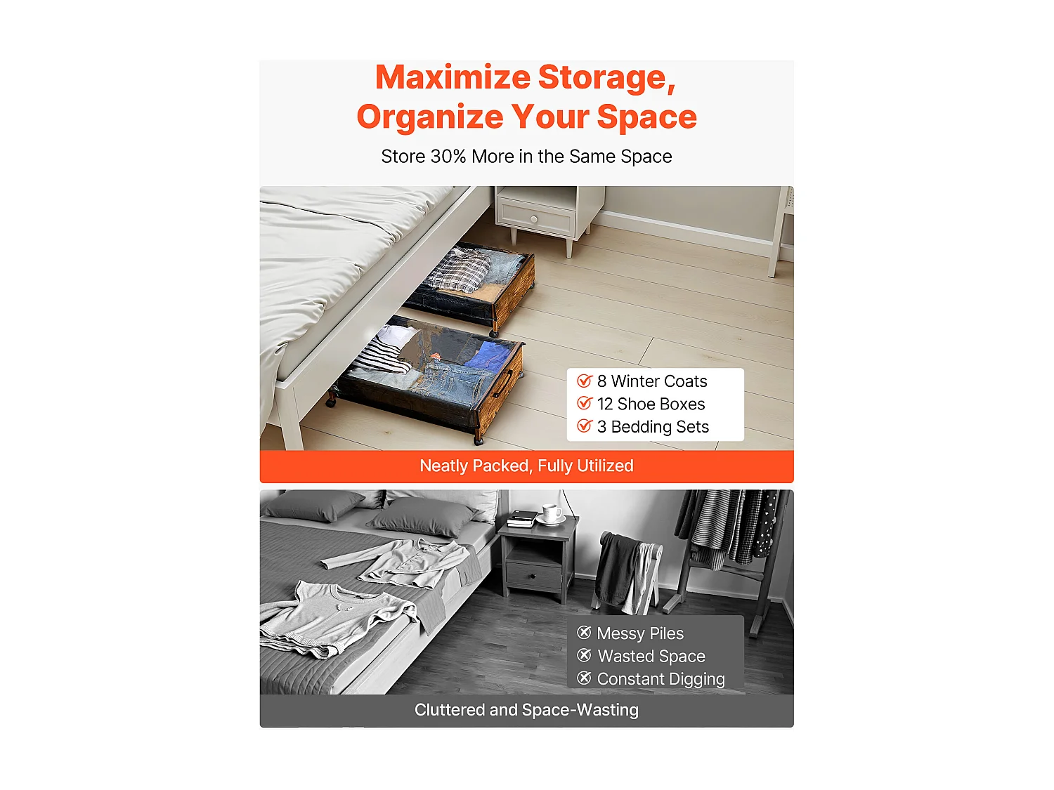 Sacs de Rangement SucceBuy sous Lit avec Roulettes Verrouillables, Organisateur de Chaussures sous le Lit 2 Pièces de 65 x 46 x 18 cm, Boîte de Rangement