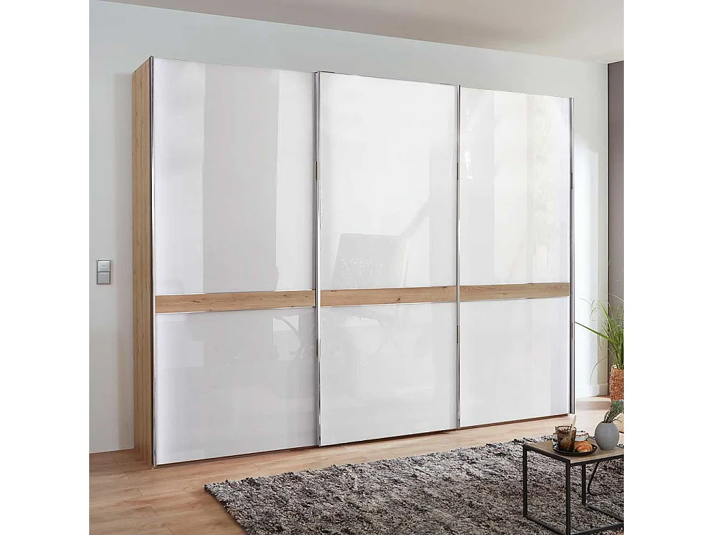 Schlafzimmerschrank in Weiß und Eiche Bianco Schwebetüren