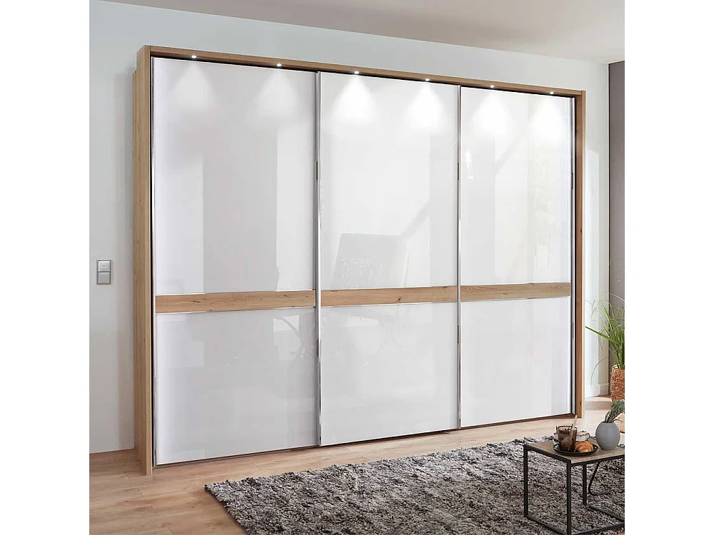 Schlafzimmerschrank in Weiß und Eiche Bianco Schwebetüren