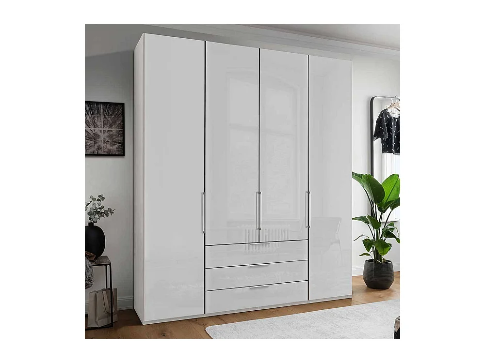 Weißer Kleiderschrank mit Dreh- und Falttüren drei Schubladen