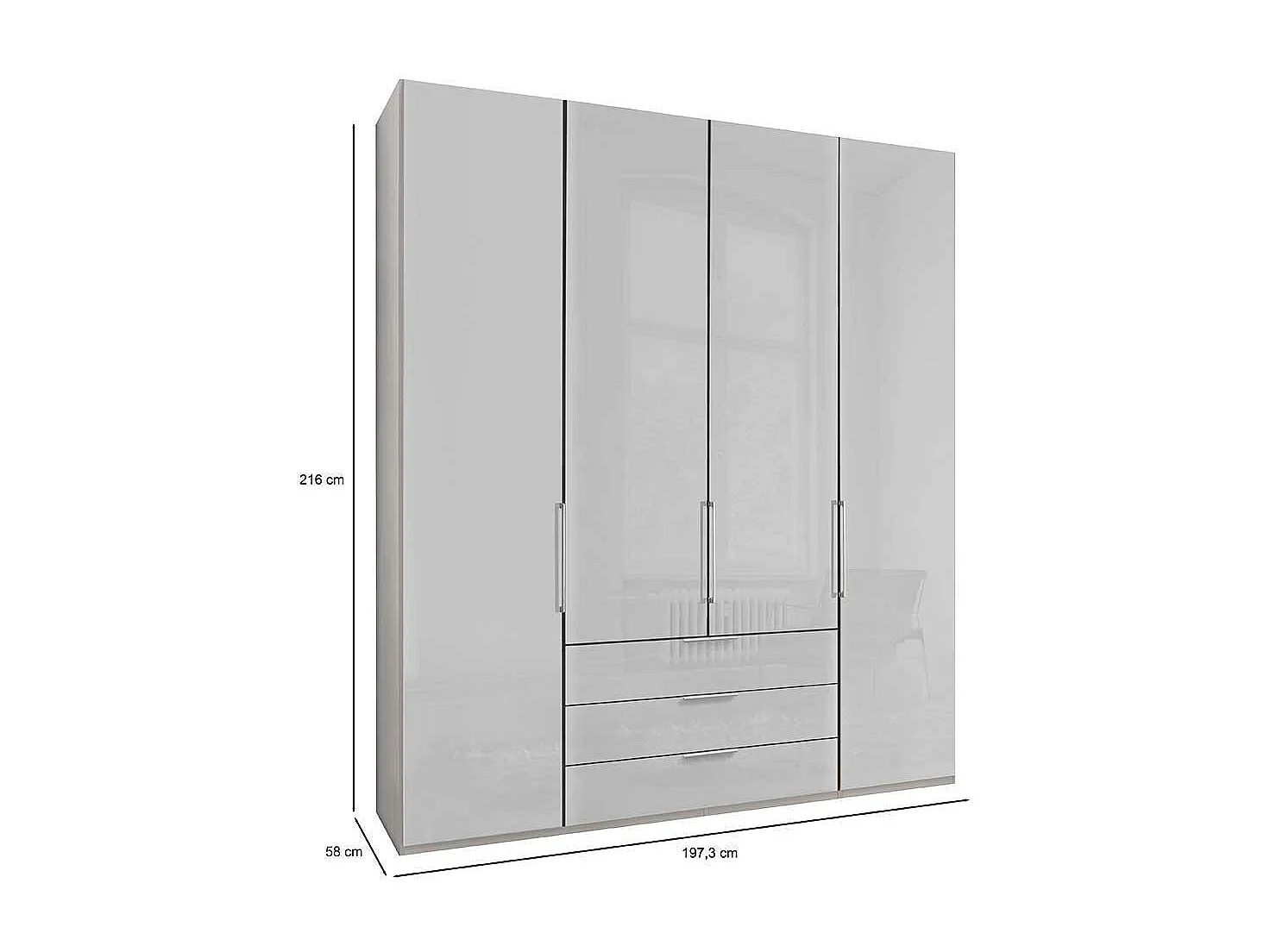 Weißer Kleiderschrank mit Dreh- und Falttüren drei Schubladen
