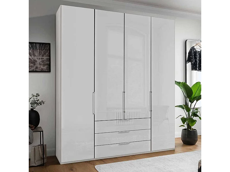 Weißer Kleiderschrank mit Dreh- und Falttüren drei Schubladen