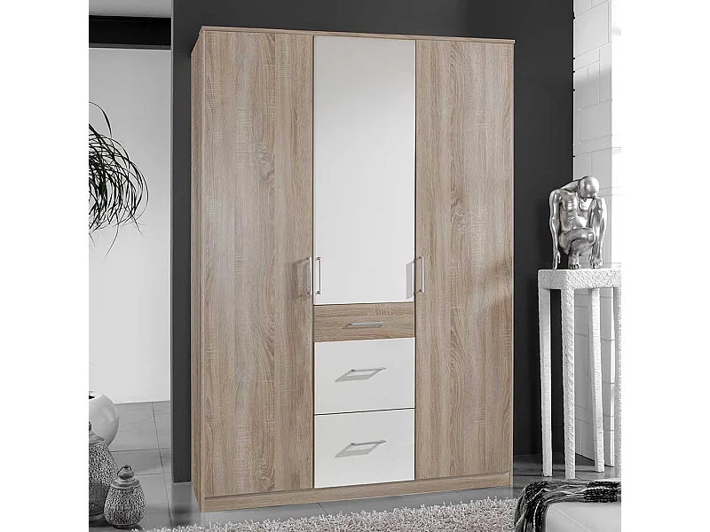 Kleiderschrank modern in Eiche Sägerau und Weiß drei Schubladen