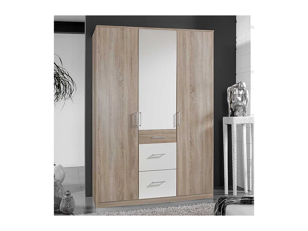 Kleiderschrank modern in Eiche Sägerau und Weiß drei Schubladen