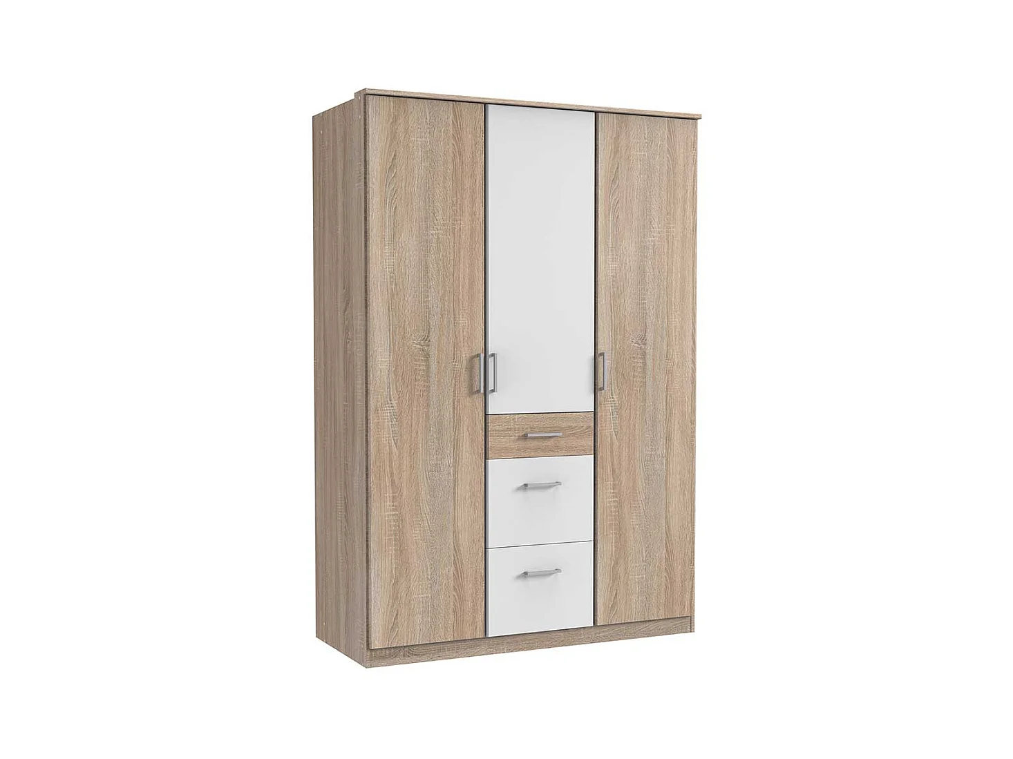 Kleiderschrank modern in Eiche Sägerau und Weiß drei Schubladen