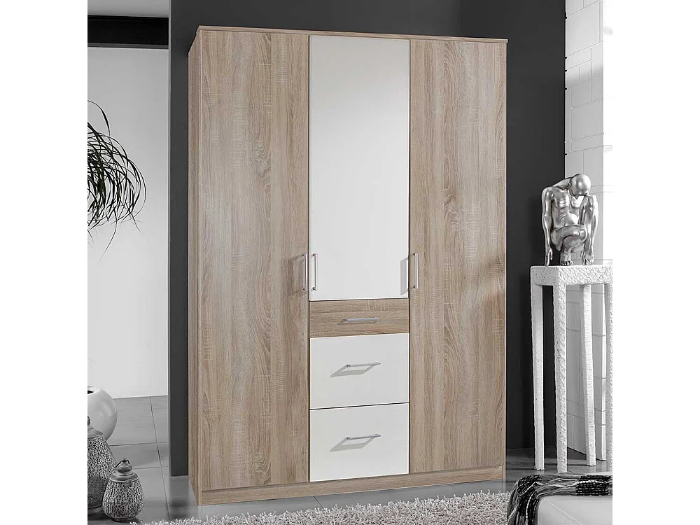 Kleiderschrank modern in Eiche Sägerau und Weiß drei Schubladen