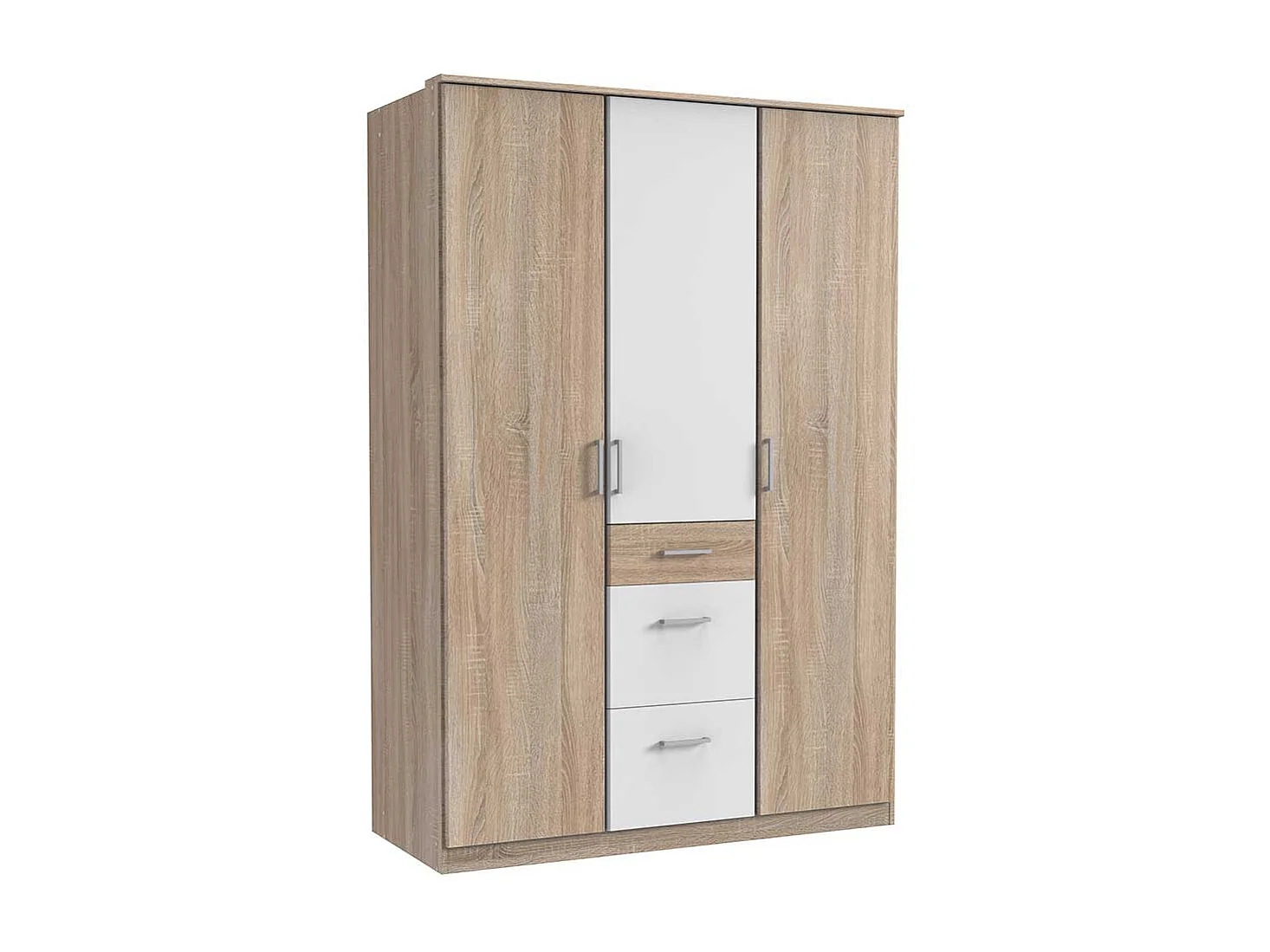 Kleiderschrank modern in Eiche Sägerau und Weiß drei Schubladen