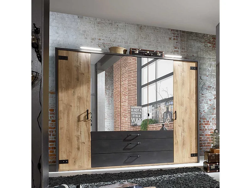 Kleiderschrank 5-türig modern im Industry und Loft Stil drei Schubladen