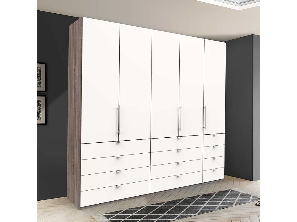 Geräumiger Schlafzimmerschrank in Weiß Eiche Trüffelfarben 3 türig mit Schubladen