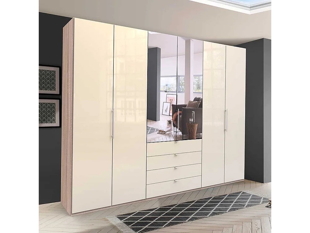 Kombi Schlafzimmerschrank mit Spiegel Cremefarben Eiche Sägerau