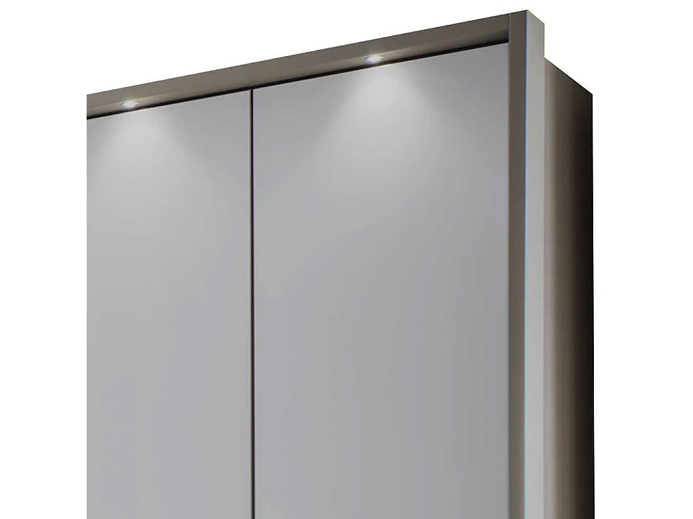 Falttürenschrank in Hellgrau Glas beschichtet LED Beleuchtung