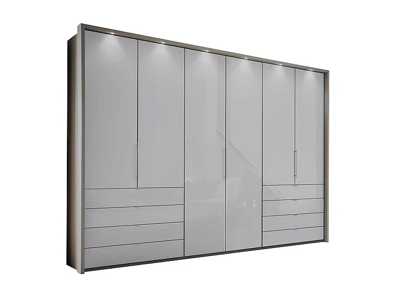 Falttürenschrank in Hellgrau Glas beschichtet LED Beleuchtung