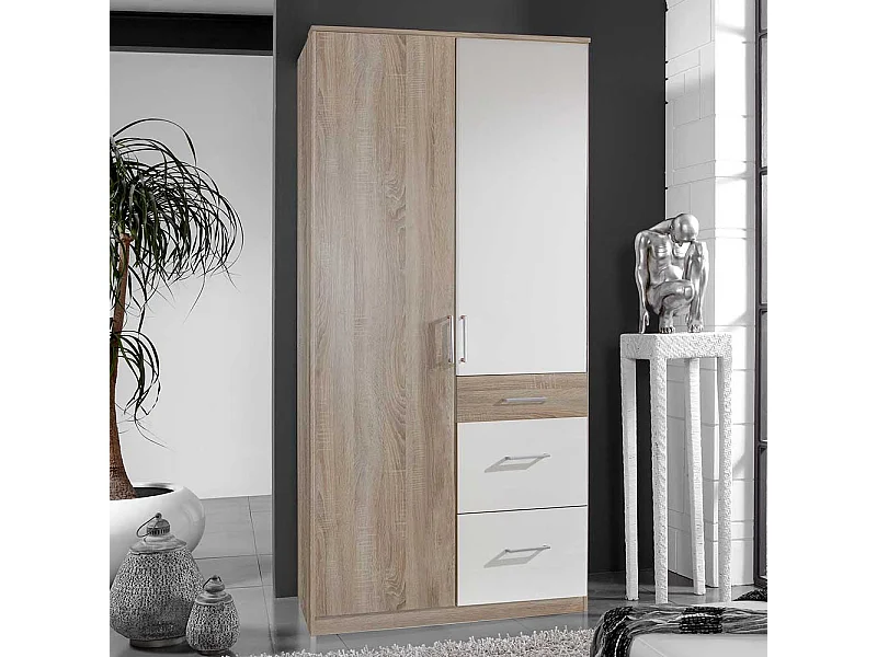 Kleiderschrank Jugendzimmer in Eiche Sägerau und Weiß drei Schubladen