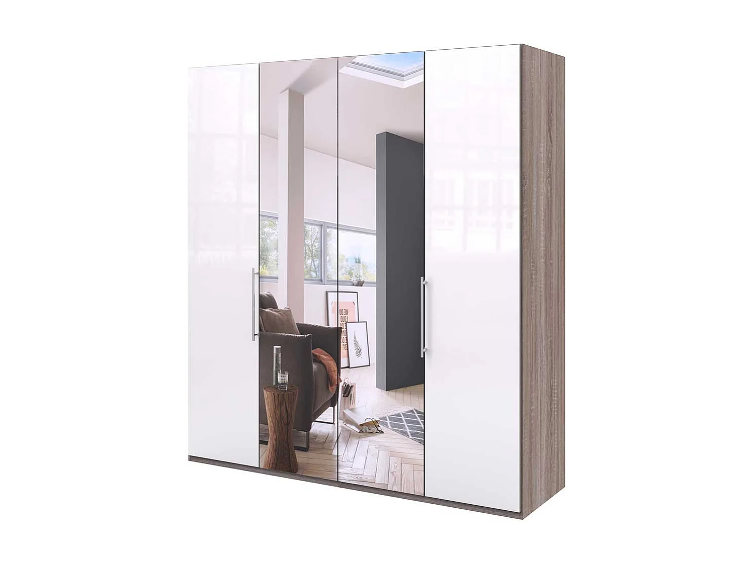 Kleiderschrank mit Falttüren und Spiegel zweifarbig