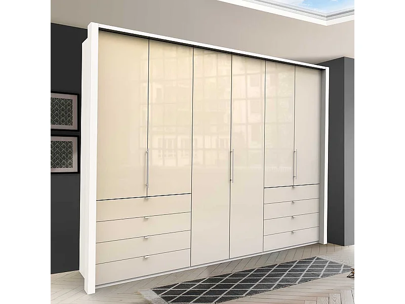 Schlafzimmerschrank in Creme Weiß Glas beschichtet Falttüren