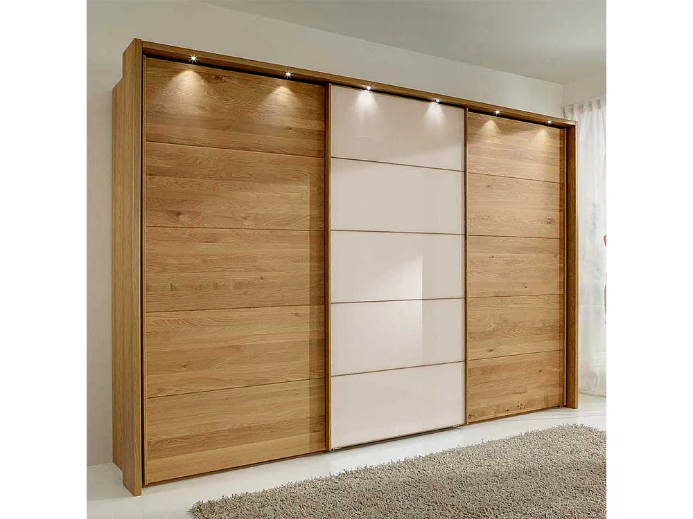 Schwebetuerenschrank in Eiche Bianco Beige Glasfront