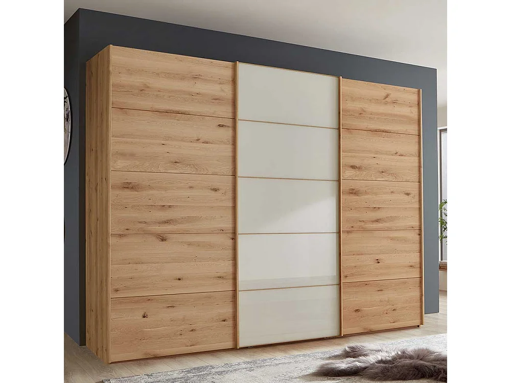 Schwebetuerenschrank in Eiche Bianco Beige Glasfront