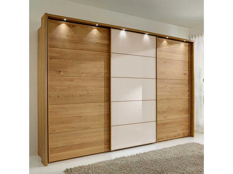 Schwebetuerenschrank in Eiche Bianco Beige Glasfront