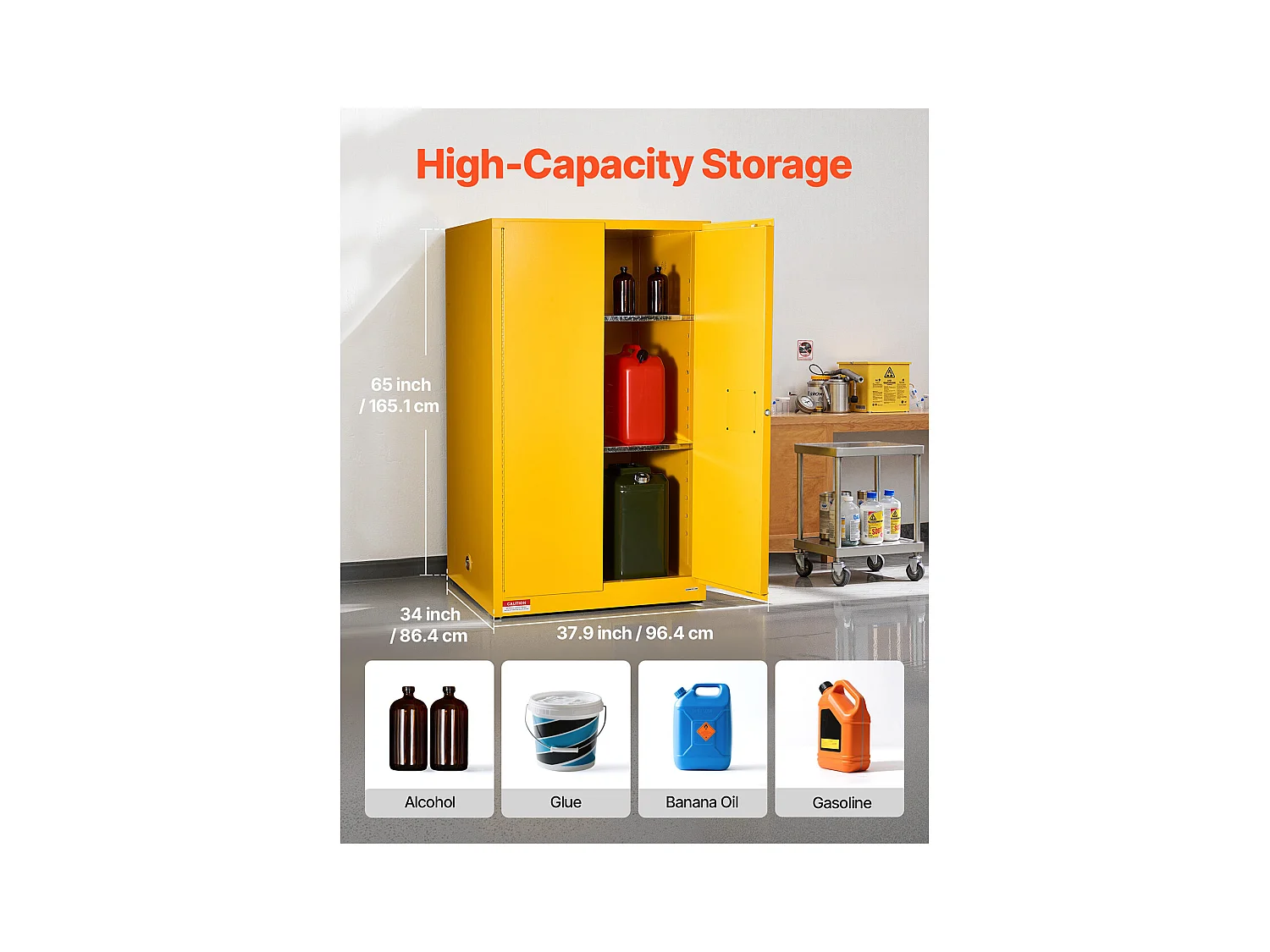 Armário de Segurança SucceBuy para Produtos Inflamáveis de 246 L 96,4 x 86,4 x 165,1 cm, Armário Corta-Fogo para Líquidos Inflamáveis, Amarelo