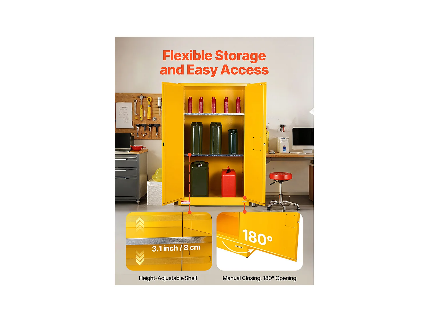 Armário de Segurança SucceBuy para Produtos Inflamáveis de 246 L 96,4 x 86,4 x 165,1 cm, Armário Corta-Fogo para Líquidos Inflamáveis, Amarelo