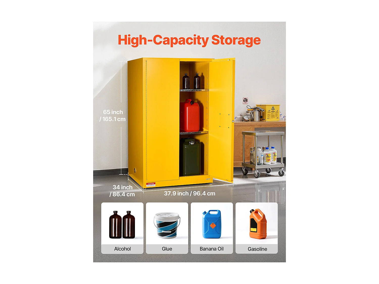 Armário de Segurança SucceBuy para Produtos Inflamáveis de 246 L 96,4 x 86,4 x 165,1 cm, Armário Corta-Fogo para Líquidos Inflamáveis, Amarelo