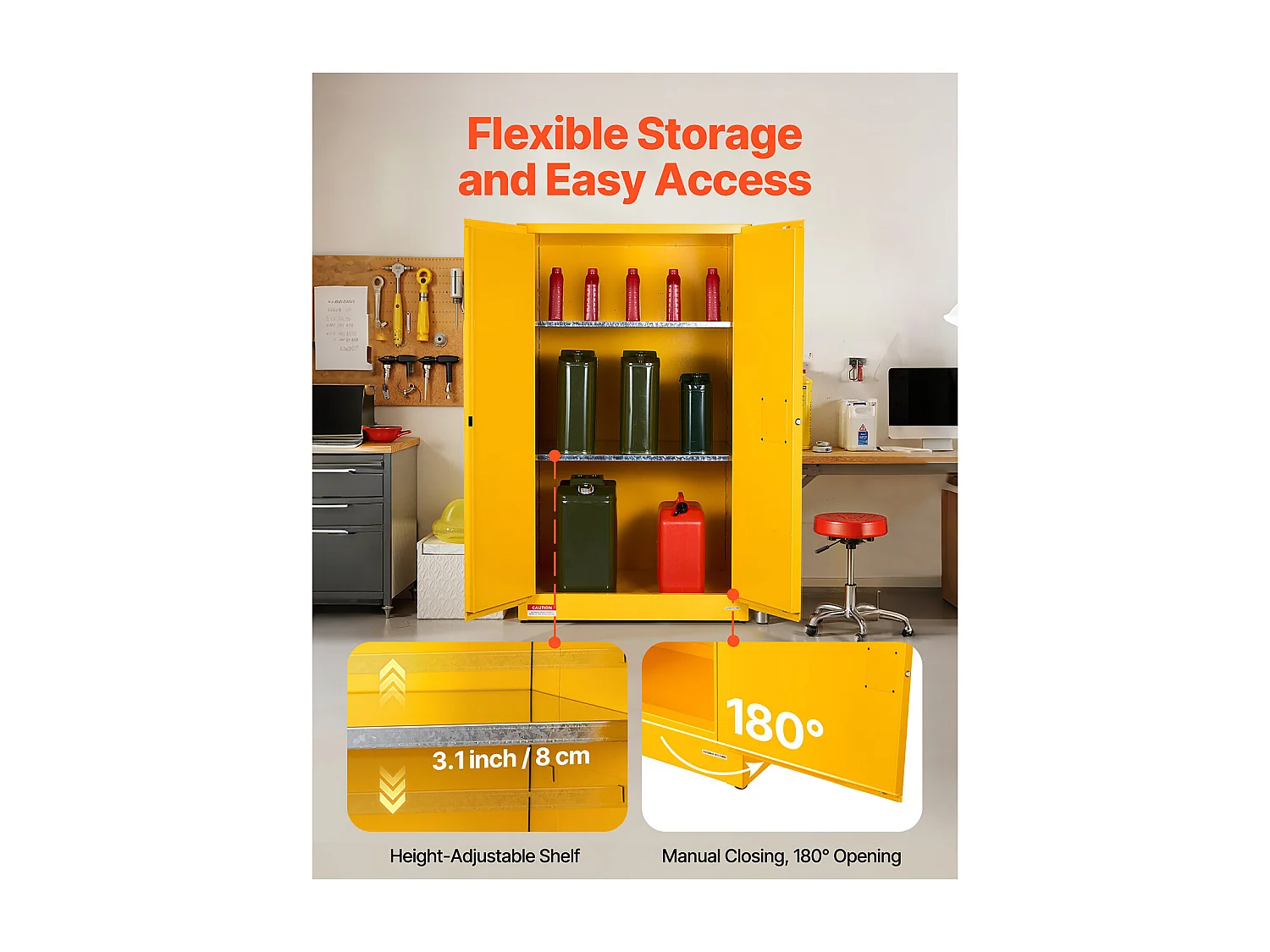 Armário de Segurança SucceBuy para Produtos Inflamáveis de 246 L 96,4 x 86,4 x 165,1 cm, Armário Corta-Fogo para Líquidos Inflamáveis, Amarelo