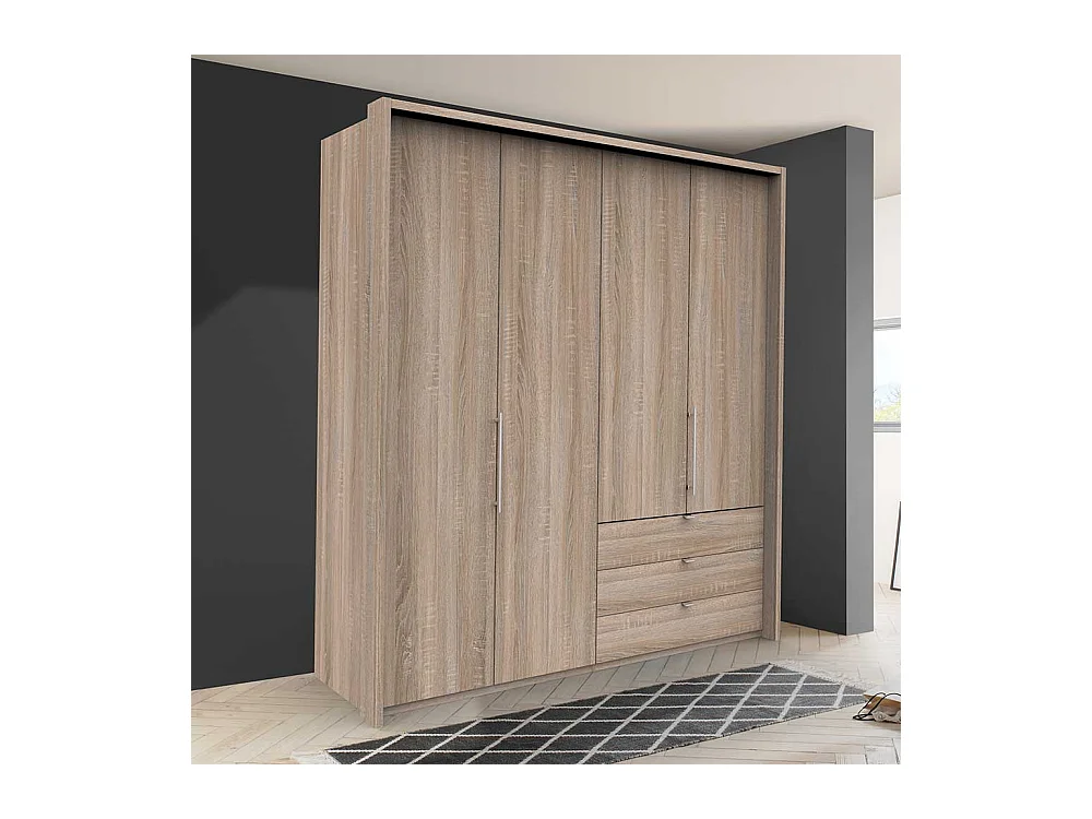 Moderner Kleiderschrank mit Falttüren und drei Schubladen Eiche Sägerau
