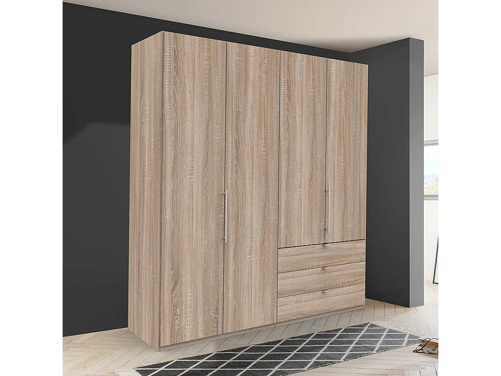 Moderner Kleiderschrank mit Falttüren und drei Schubladen Eiche Sägerau