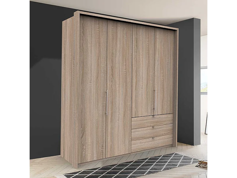 Moderner Kleiderschrank mit Falttüren und drei Schubladen Eiche Sägerau
