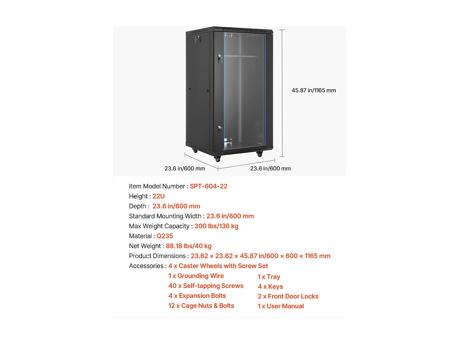 Armário de Rede SucceBuy 22U, Rack Servidor Montagem de Parede, Bay de Patch, Profundidade 60 cm, Carga 136 kg, com Porta Travável Vidro Temperado