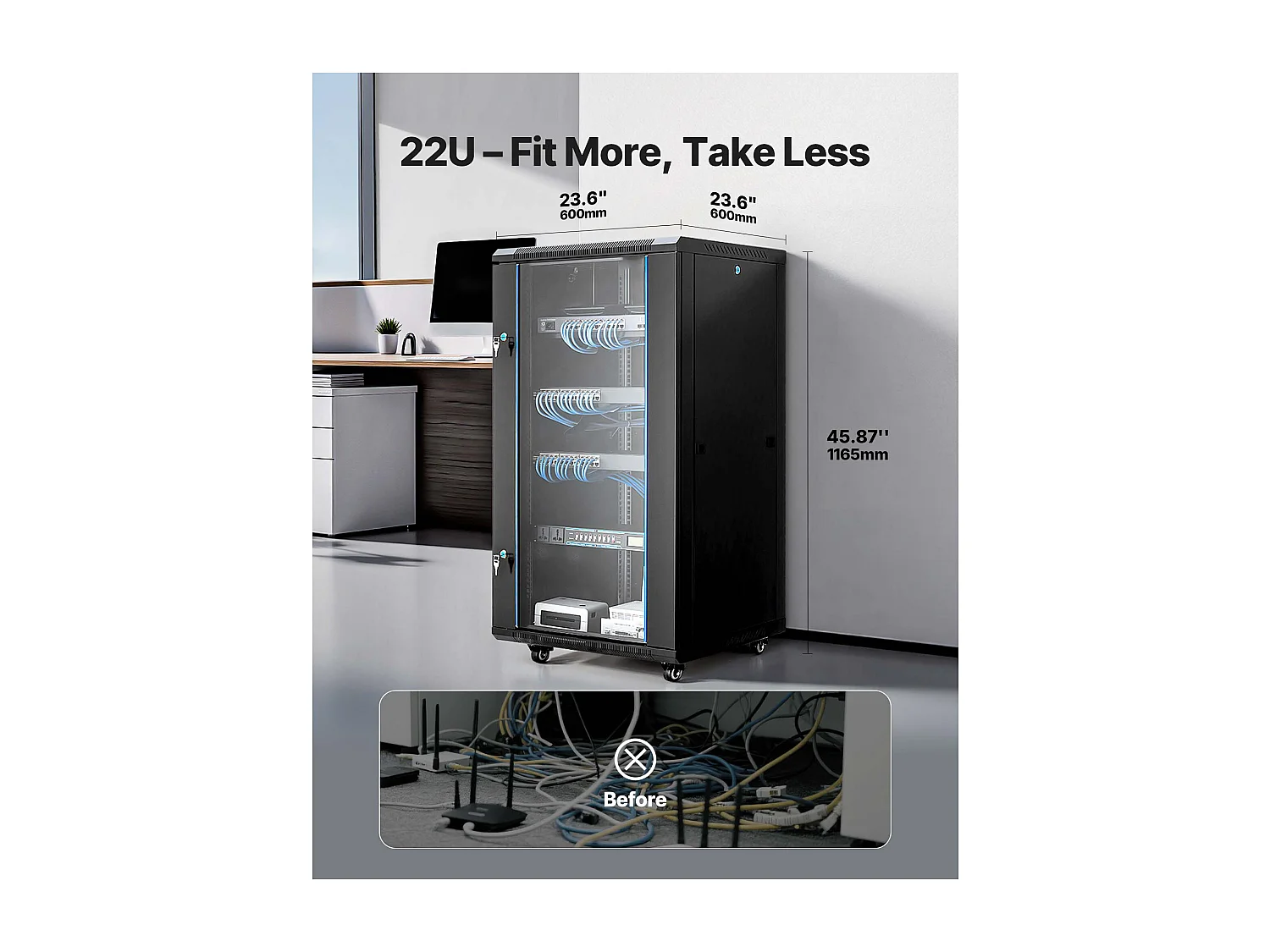 Armário de Rede SucceBuy 22U, Rack Servidor Montagem de Parede, Bay de Patch, Profundidade 60 cm, Carga 136 kg, com Porta Travável Vidro Temperado