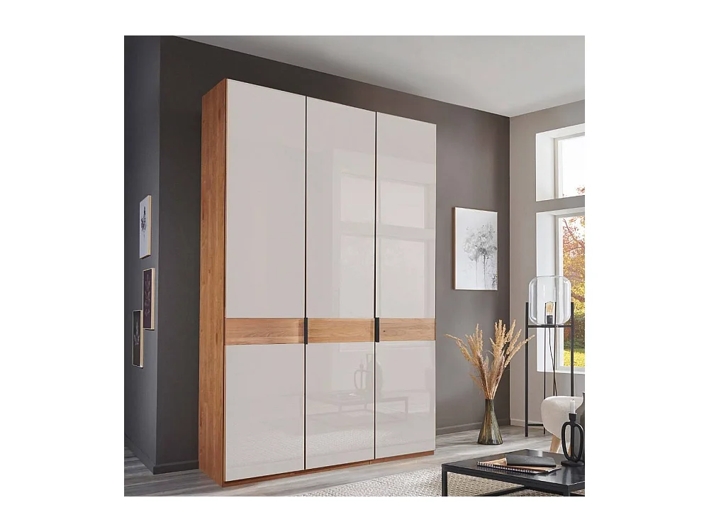 Kleiderschrank Drehtürenschrank in Erlefarben & Weiß mit zwei festen Kleiderstangen