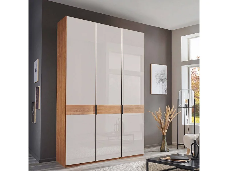 Kleiderschrank Drehtürenschrank in Erlefarben & Weiß mit zwei festen Kleiderstangen