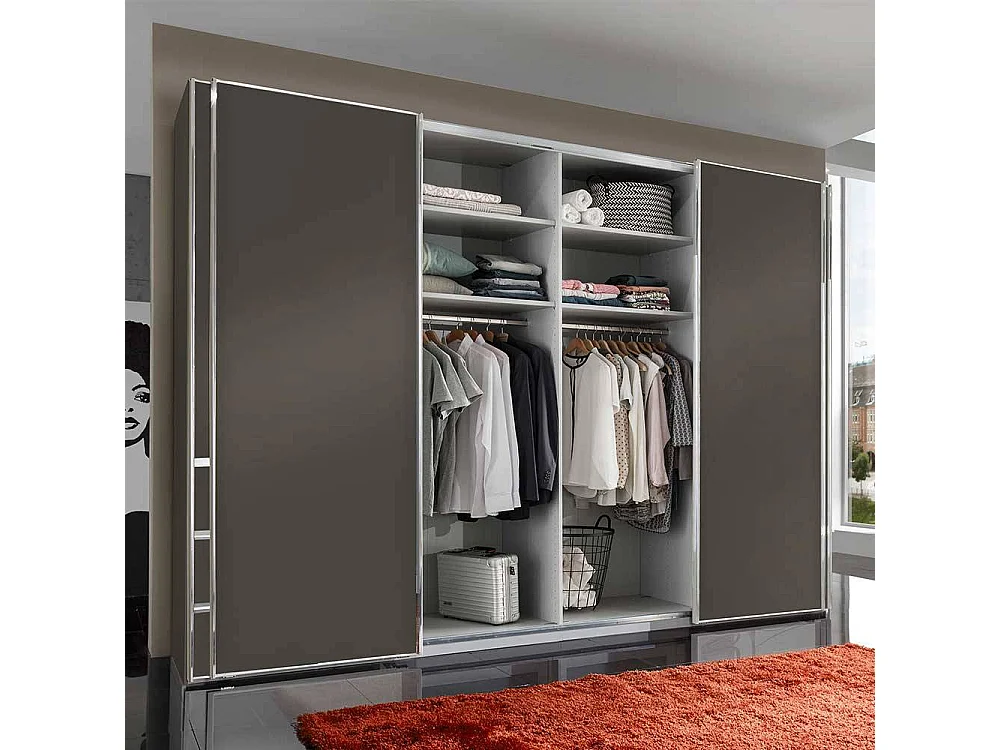 Schwebetürenkleiderschrank in Braun sechs Schubladen