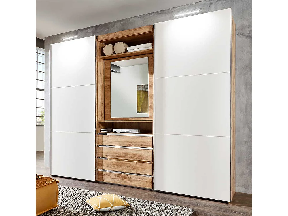 Schiebetürenschrank mit offenem Fach und vier Schubladen Made in Germany