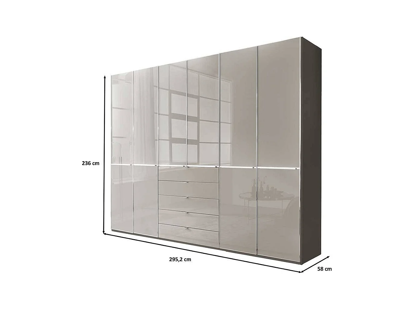 Schlafzimmerschrank XL Kleiderschrank Front glasbeschichtet mit fünf Schubladen