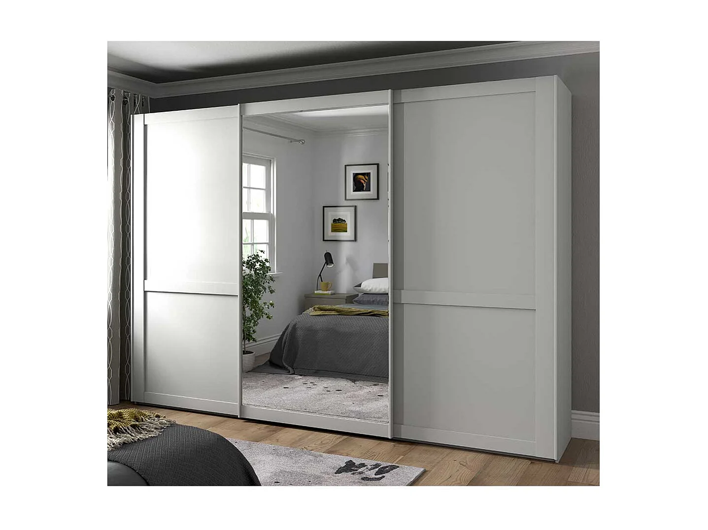 Kleiderschrank mit 3 Schiebetüren in Weiß großem Spiegel