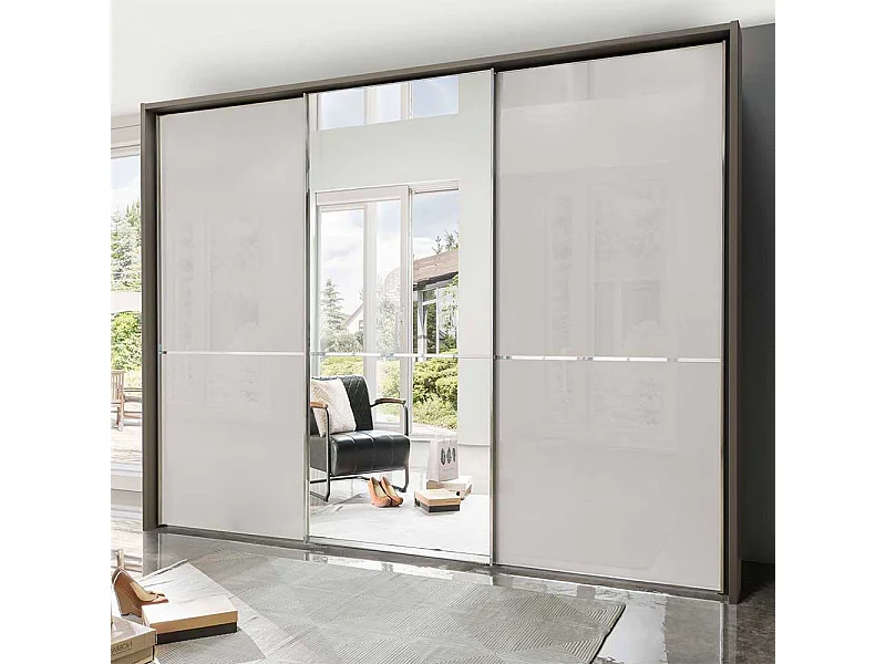 Schwebetuerenschrank mit Spiegel Hellgrau und Braun