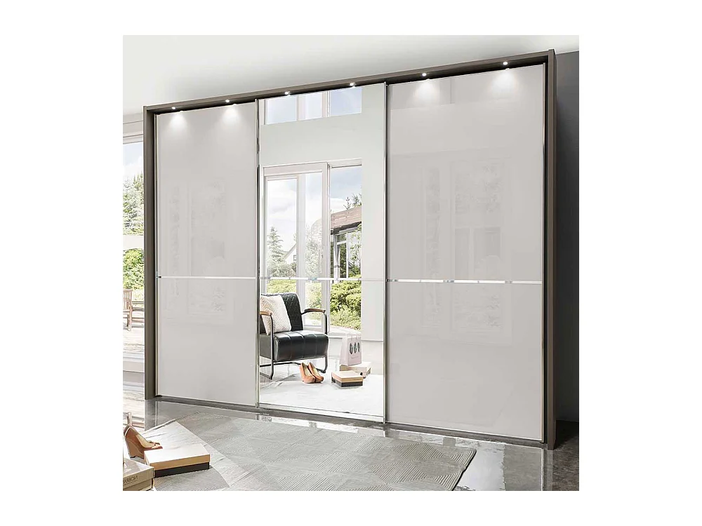 Schwebetuerenschrank mit Spiegel Hellgrau und Braun