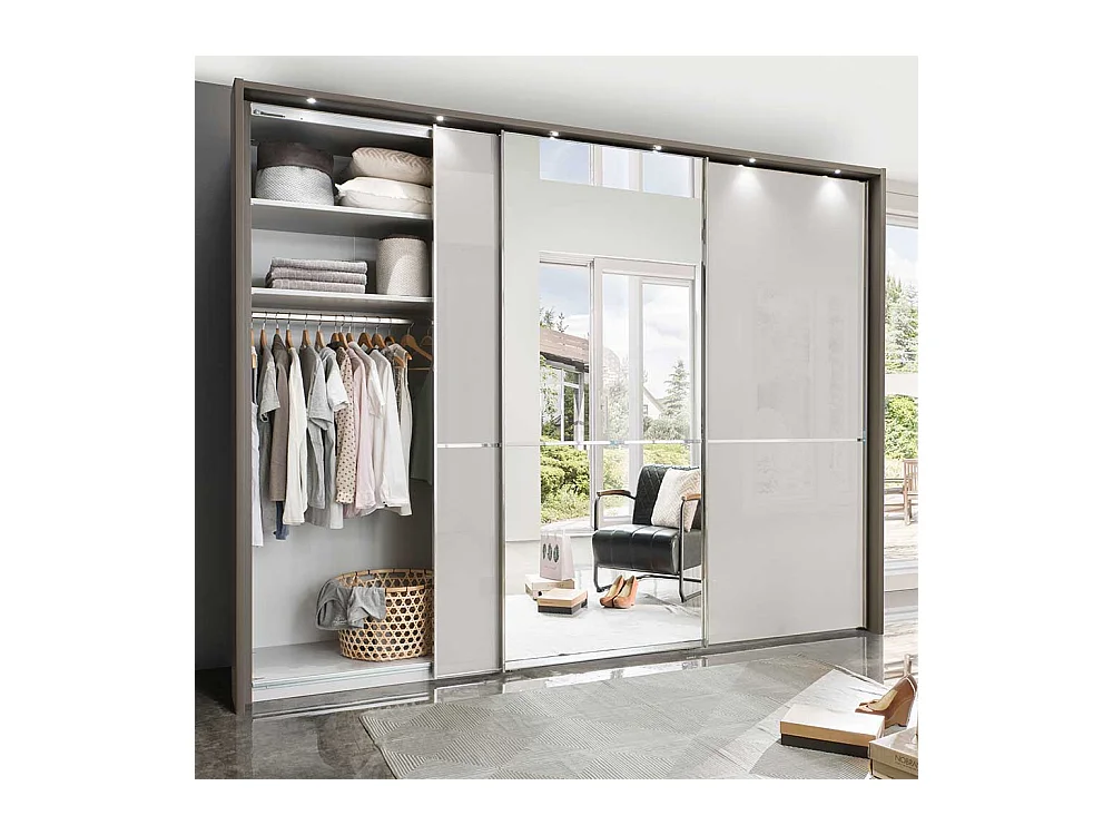 Spiegel Schwebetürenschrank in Hellgrau und Braun 260 cm breit