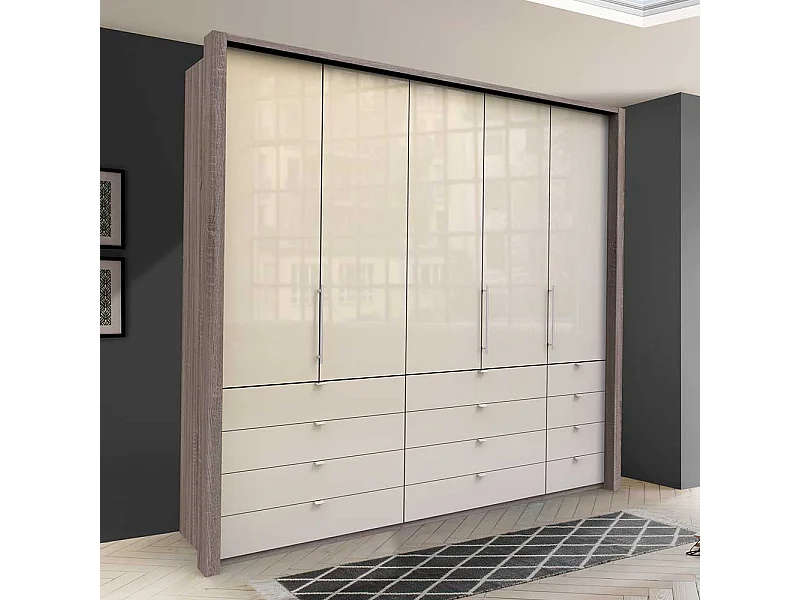 Kombi Schlafzimmerschrank 3 türig mit vielen Schubladen glasbeschichtet