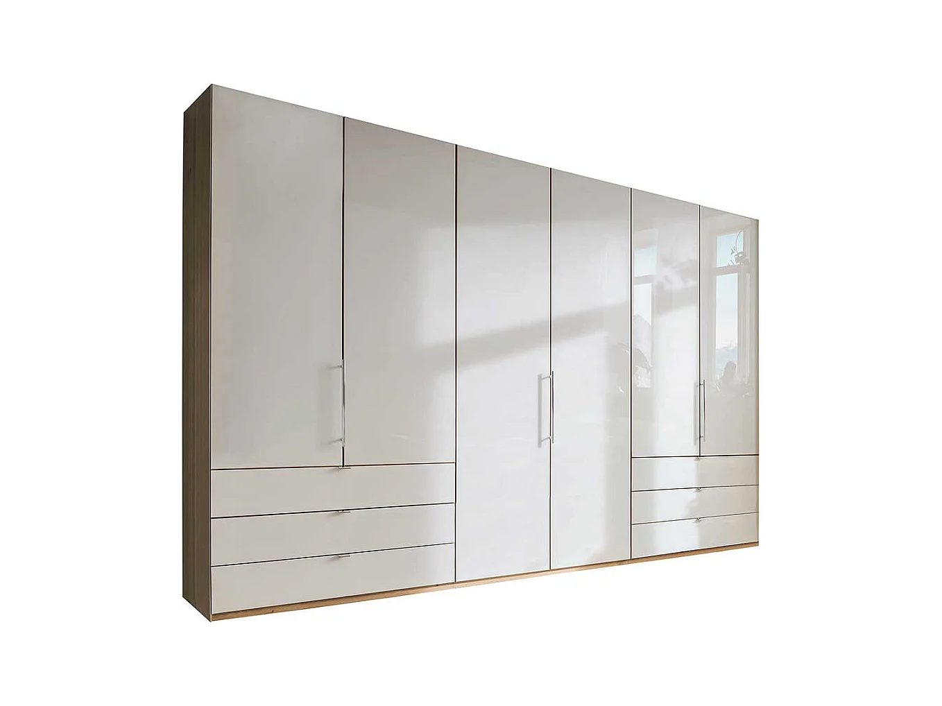 Falttürenschrank in Beige und Eiche Bianco sechs Schubladen