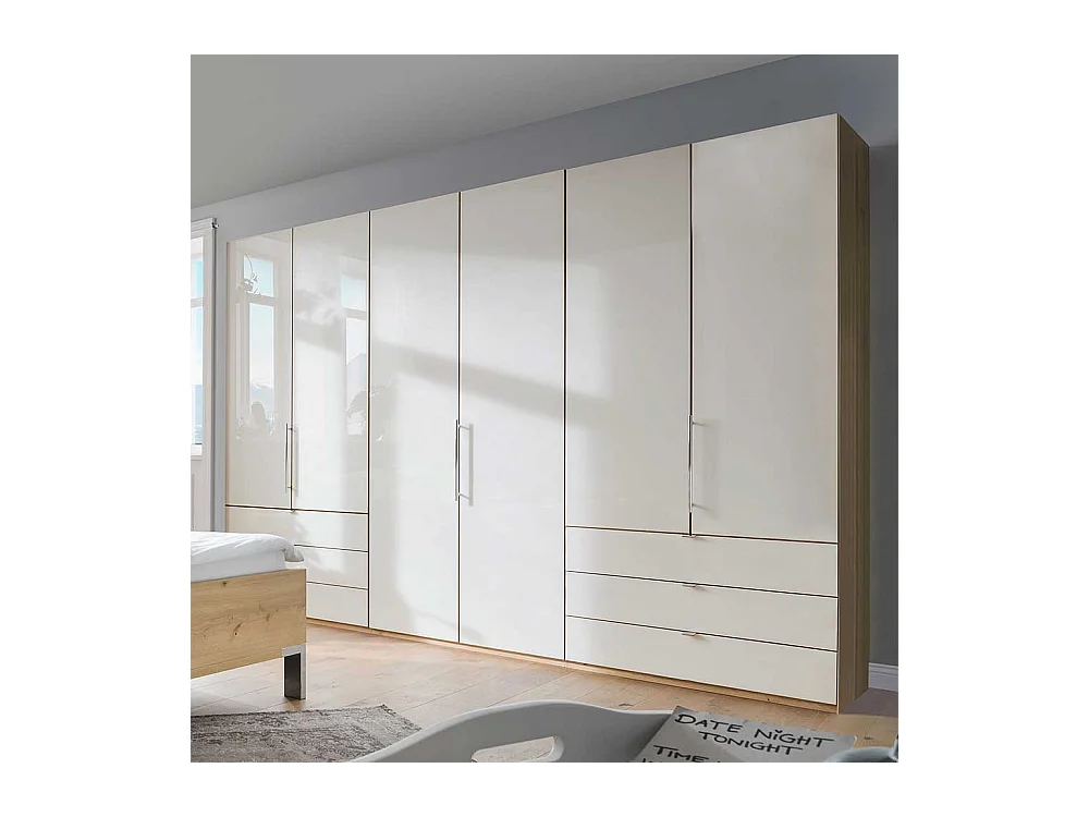 Falttürenschrank in Beige und Eiche Bianco sechs Schubladen