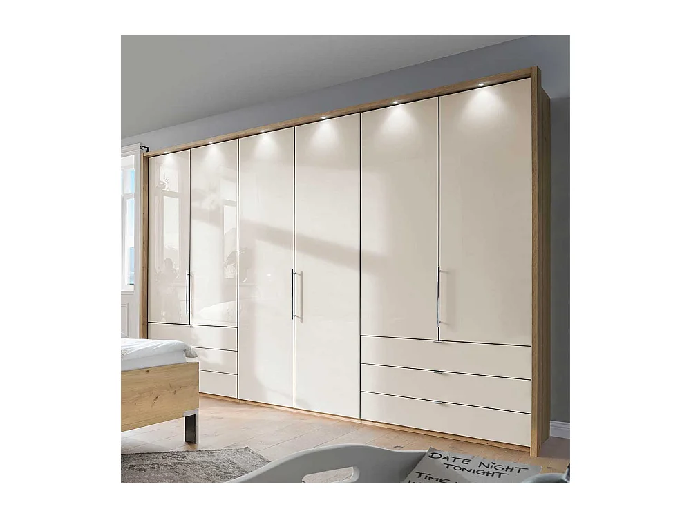Falttürenschrank in Beige und Eiche Bianco sechs Schubladen