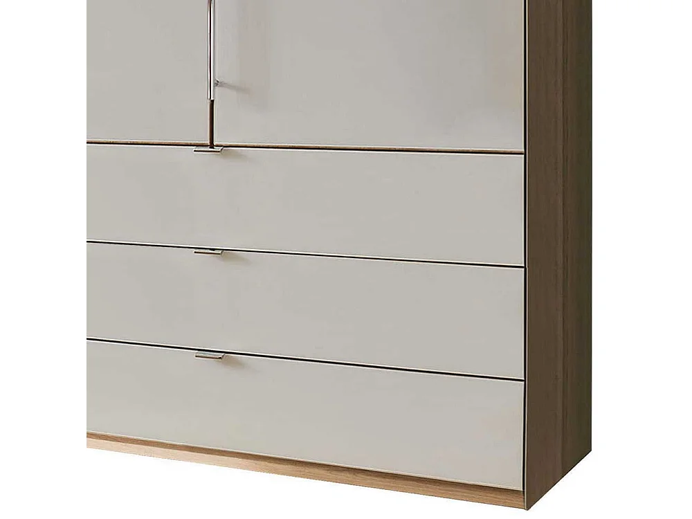 Falttürenschrank in Beige und Eiche Bianco sechs Schubladen
