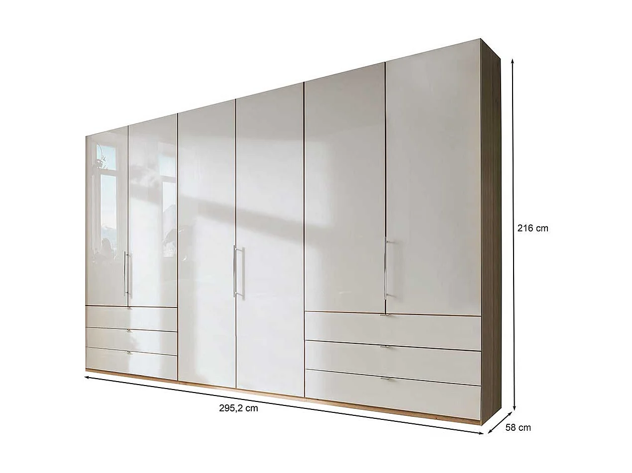 Falttürenschrank in Beige und Eiche Bianco sechs Schubladen